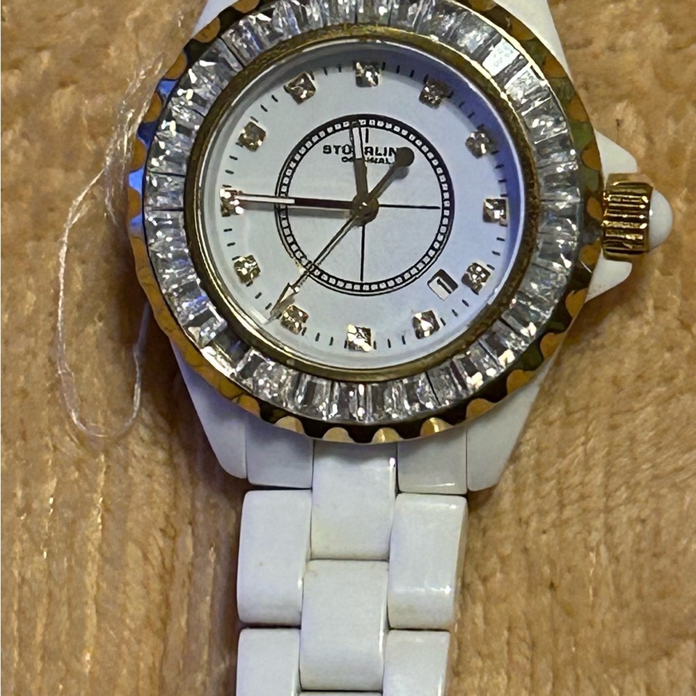 Stuhrling Original Gold and White Watch with Crystal Bezel